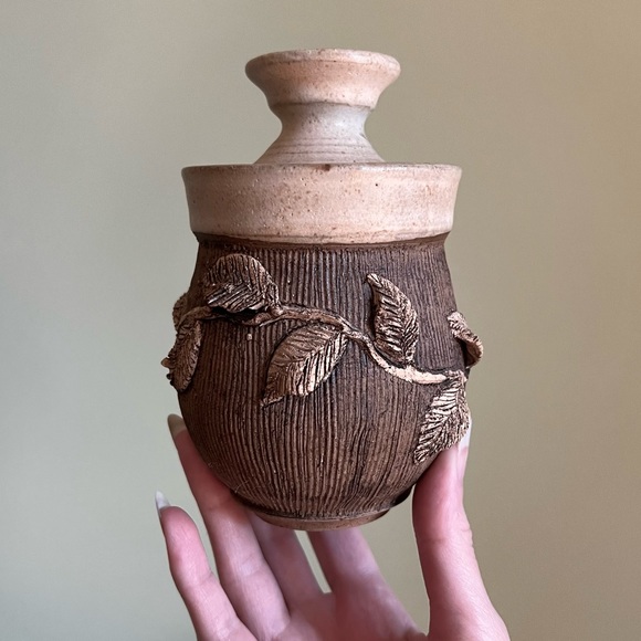 Vintage Other - Ceramic Herb Jar, Handmade Lidded Pottery Jar, Rustic Sgraffito Leaves